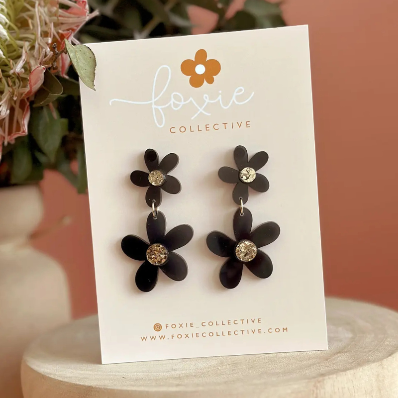 Double Daisy Dangles Black