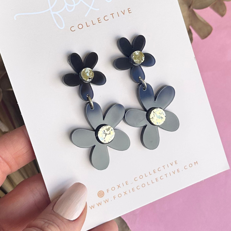 Double Daisy Dangles Black