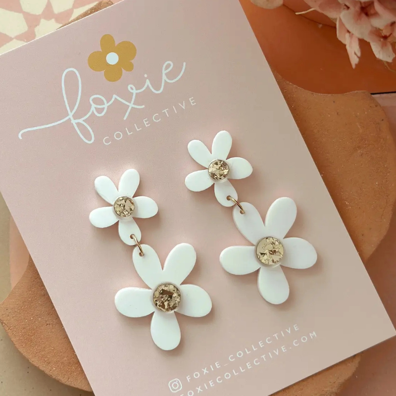 Double Daisy Dangles White