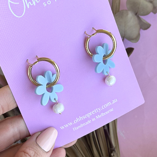 Powder Blue Daisy Pearl Hoop Acrylic