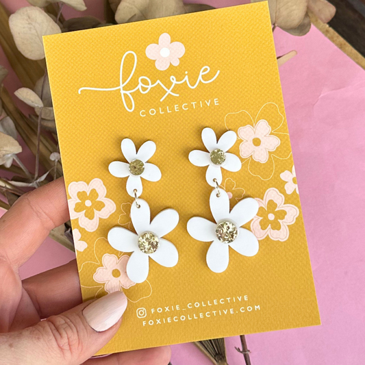 Double Daisy Dangles White