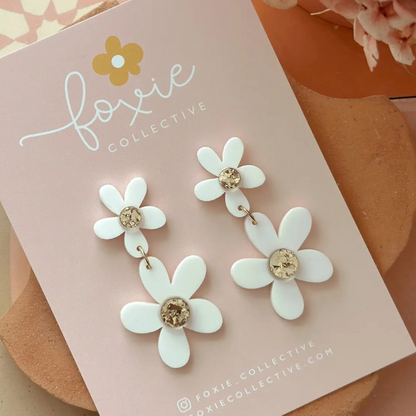 Double Daisy Dangles White