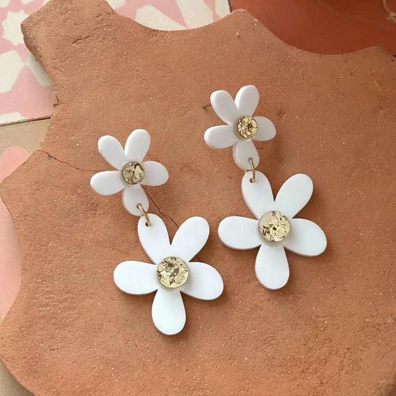Double Daisy Dangles White